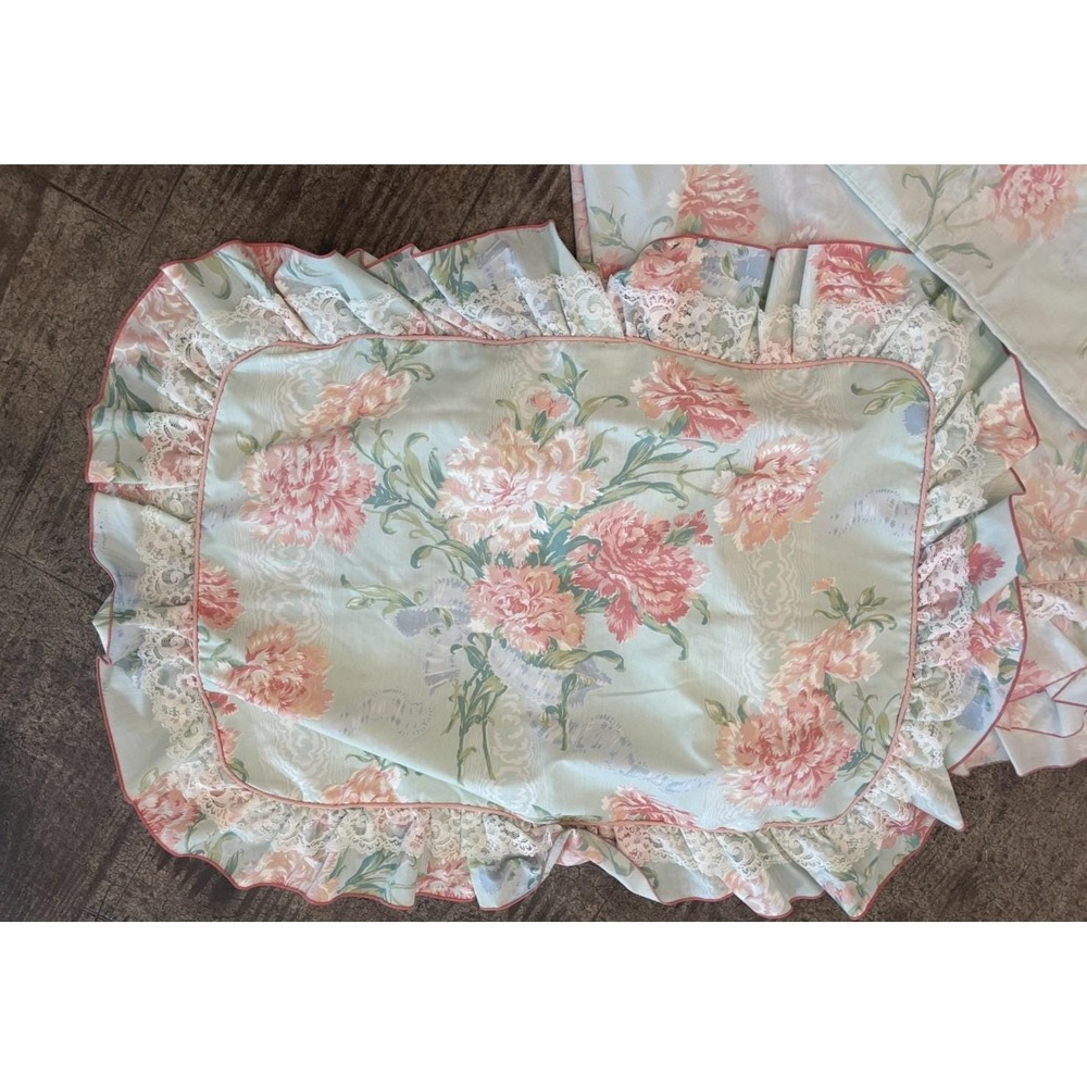 Vintage J.P. Stevens 1980S King Sheet Set Eight Piece Floral Mint Pink Blue Lace